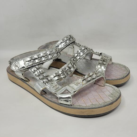 CHANEL Sandals IT39.5 US9.5 Silver Leather Flat Chain Coco Mark Sport 2002 Logo - Picture 1 of 16